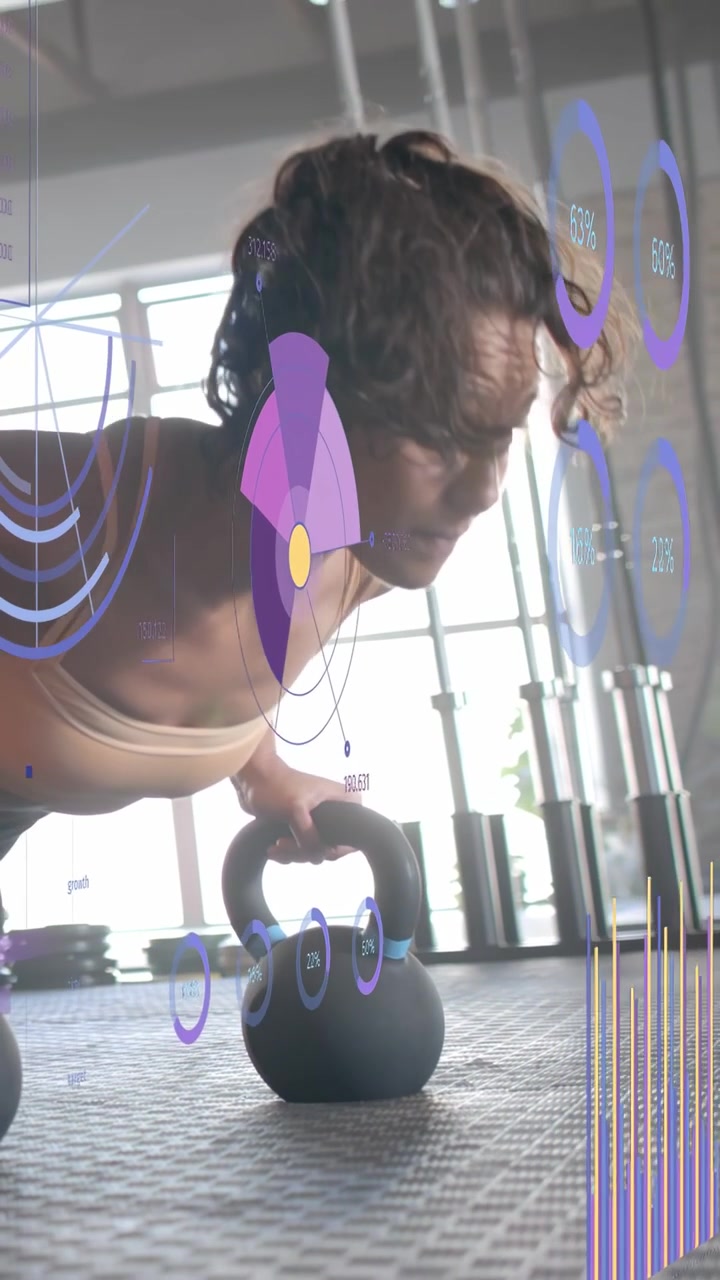 Vertical video: Woman reaching kettlebell and performing push-up for fitness AR dials tracking reps
