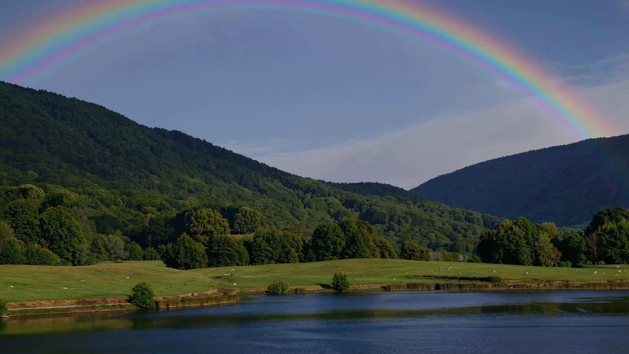 Wide-angle shot of a vibrant rainbow arching over lush green hills and a serene lake