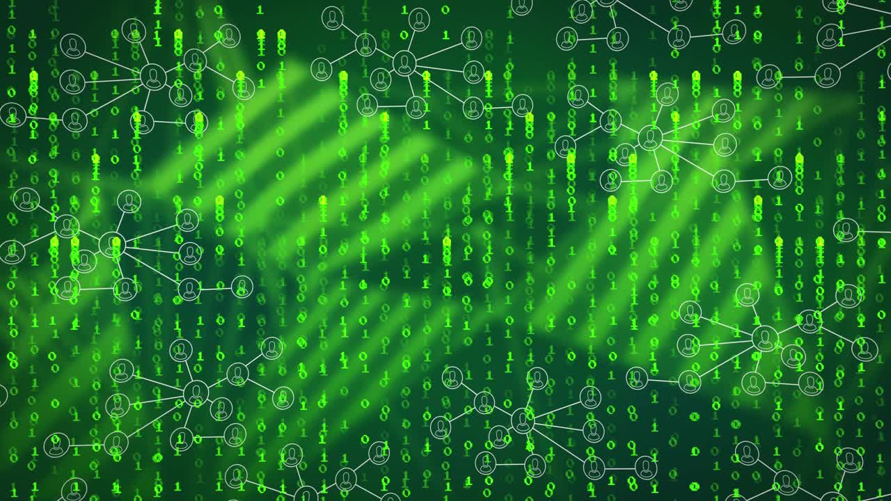 animación de la red de conexiones y onda verde sobre fondo oscuro
