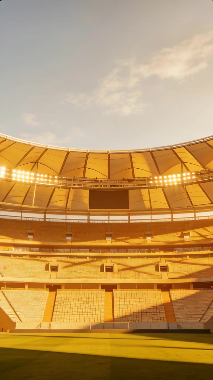 Video verticale: Iniziando dai livelli superiori, la telecamera si inclina rivelando il tetto dello stadio e l'anello di riflettori.