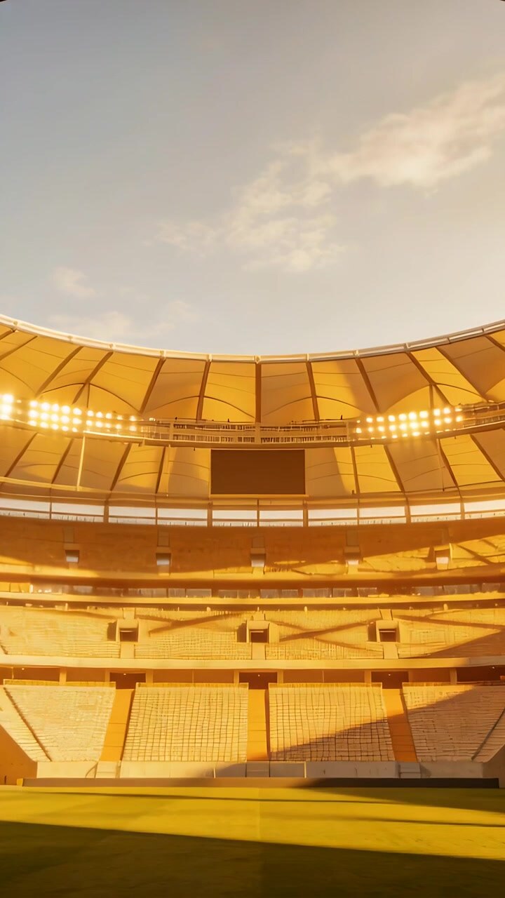 Vertical video: Starting on upper tiers tilting camera revealing stadium roof and floodlight ring