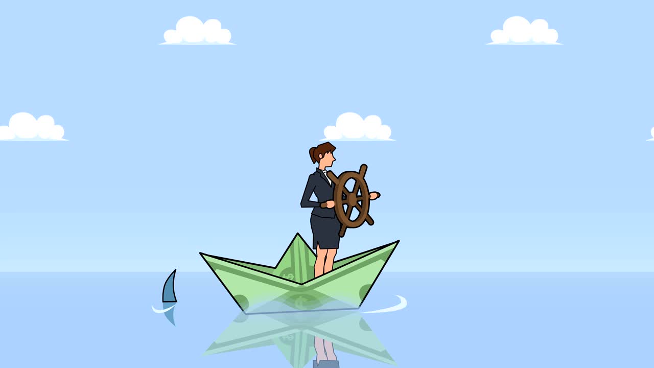 상어 근처의 달러 종이 배에 떠있는 헬름 을 가진 평평한 만화 사업가 캐릭터 컨셉 애니메이션