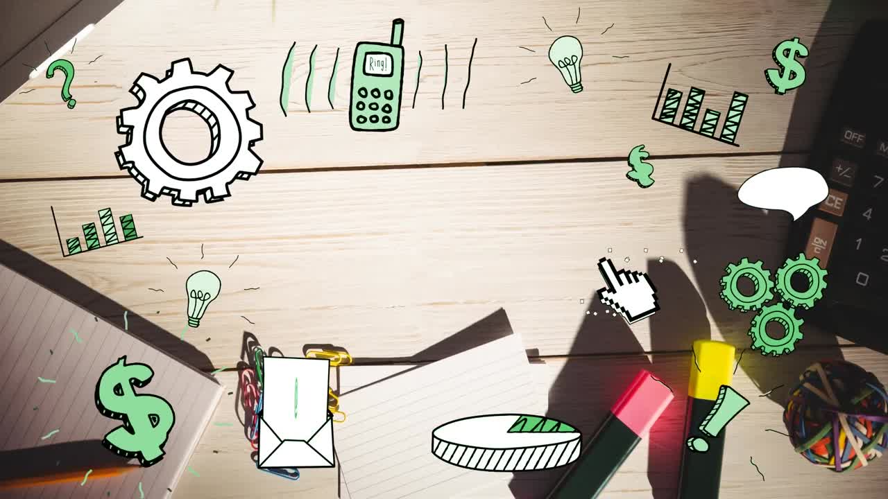 책상 에 있는 노트북 위 에 있는 아이콘 의 애니메이션