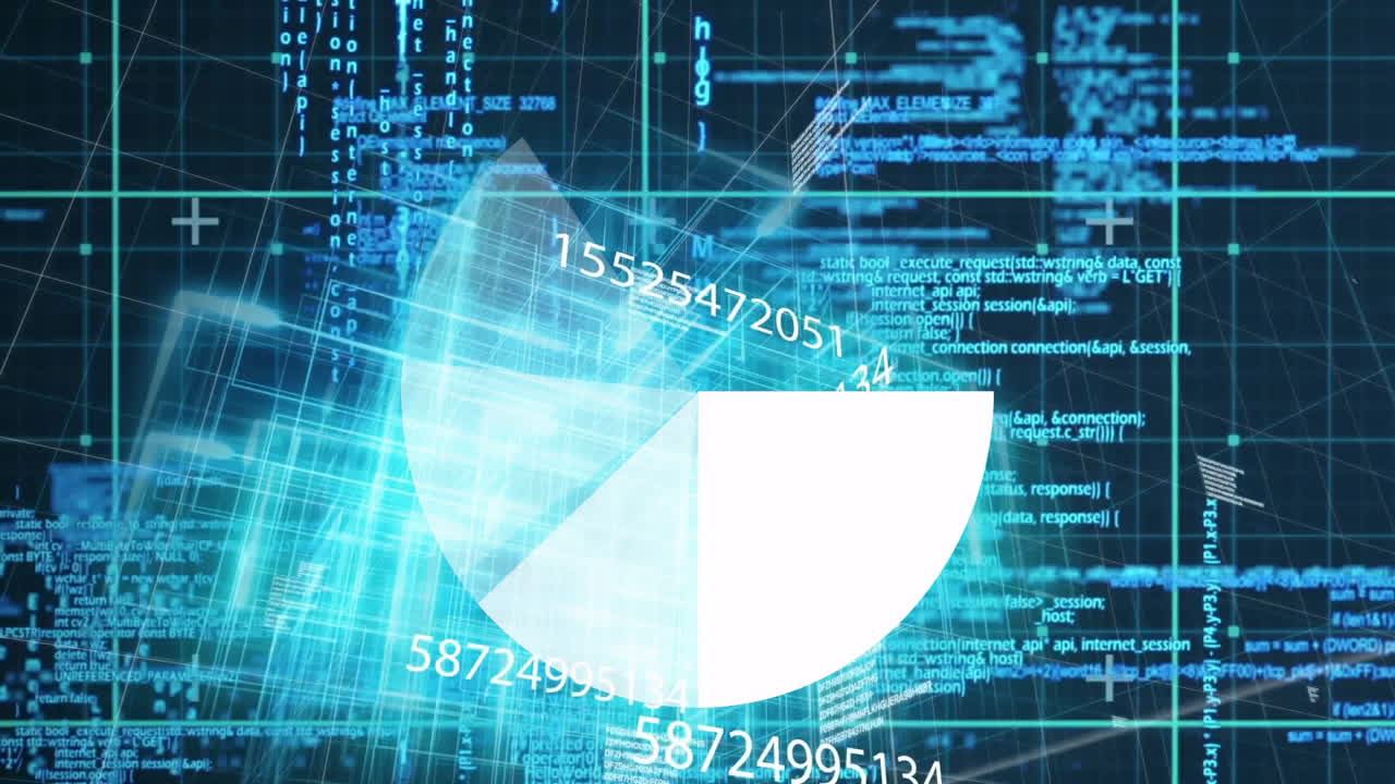 Digital pie chart animation overlaid on complex data and binary code background