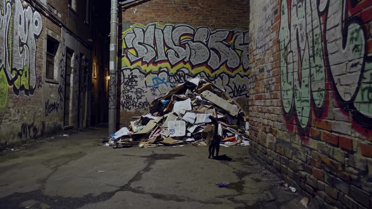 Vicolo urbano con muri coperti di graffiti e un mucchio di immondizia. L'inquadratura dal basso crea un'atmosfera cruda e grezza