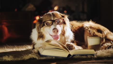 portrait of a very well-read and intelligent dog. lies near an open book on the background of a fireplace