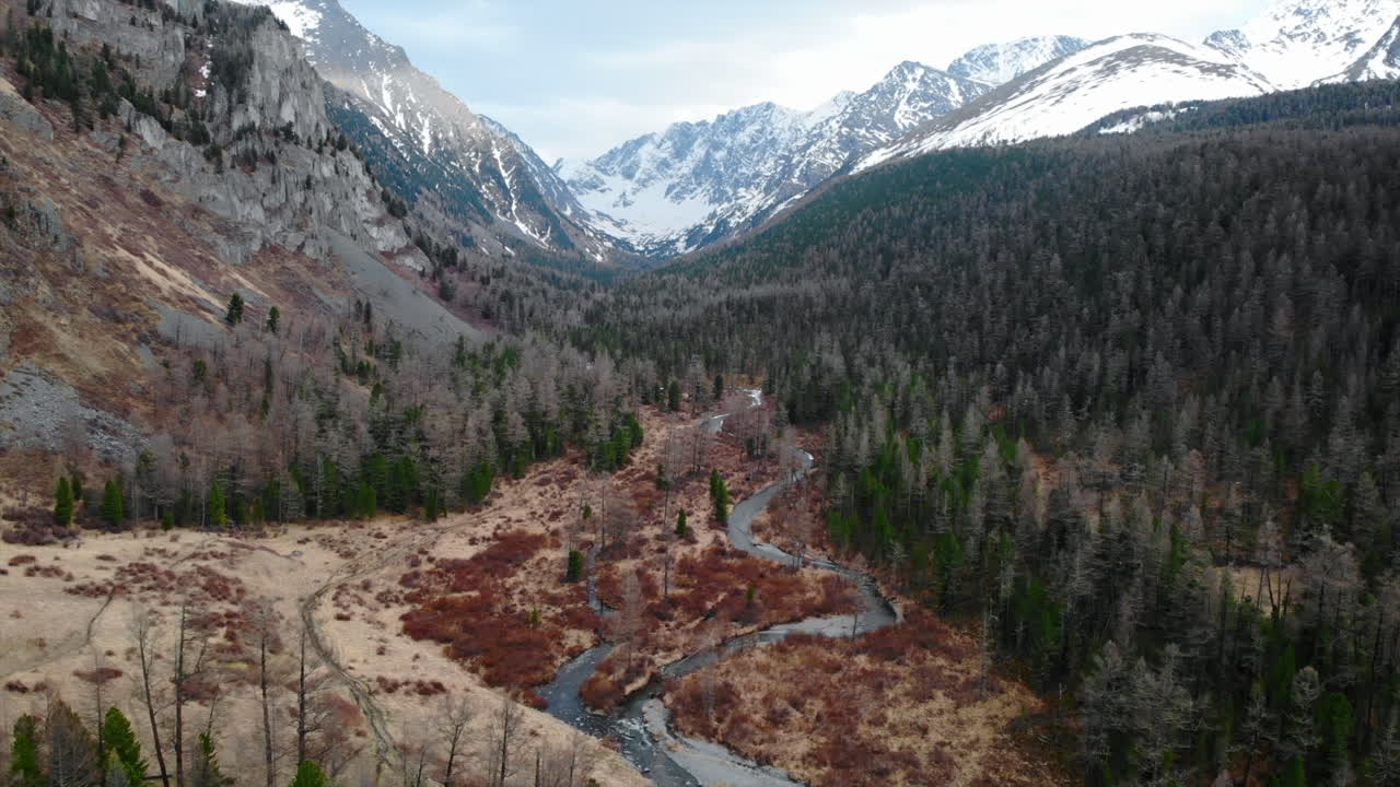Aerial View of a Winding River Through a Forested Mountain Valley with Snow-Capped Peaks
