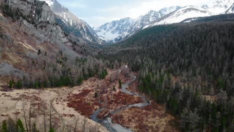 aerial view of a winding river through a forested mountain valley with snow-capped peaks