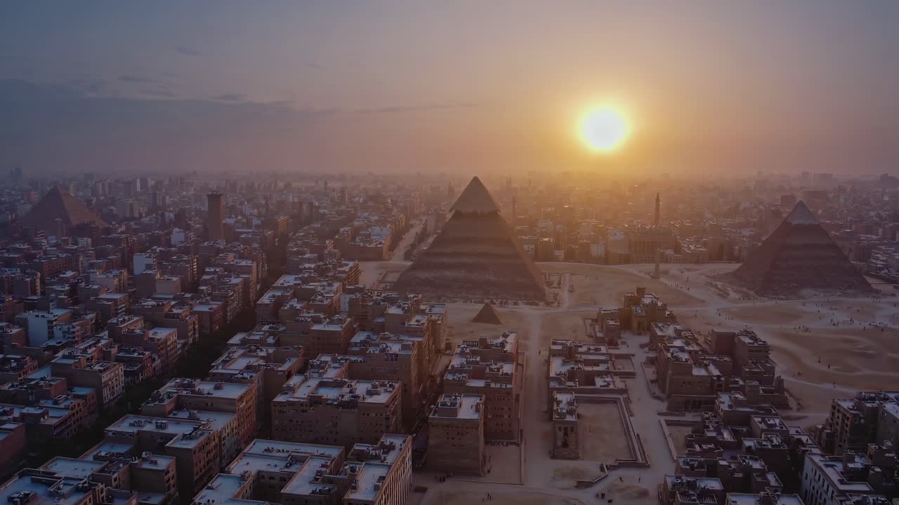 Vista aerea di un paesaggio urbano che fonde edifici moderni con antiche piramidi al tramonto