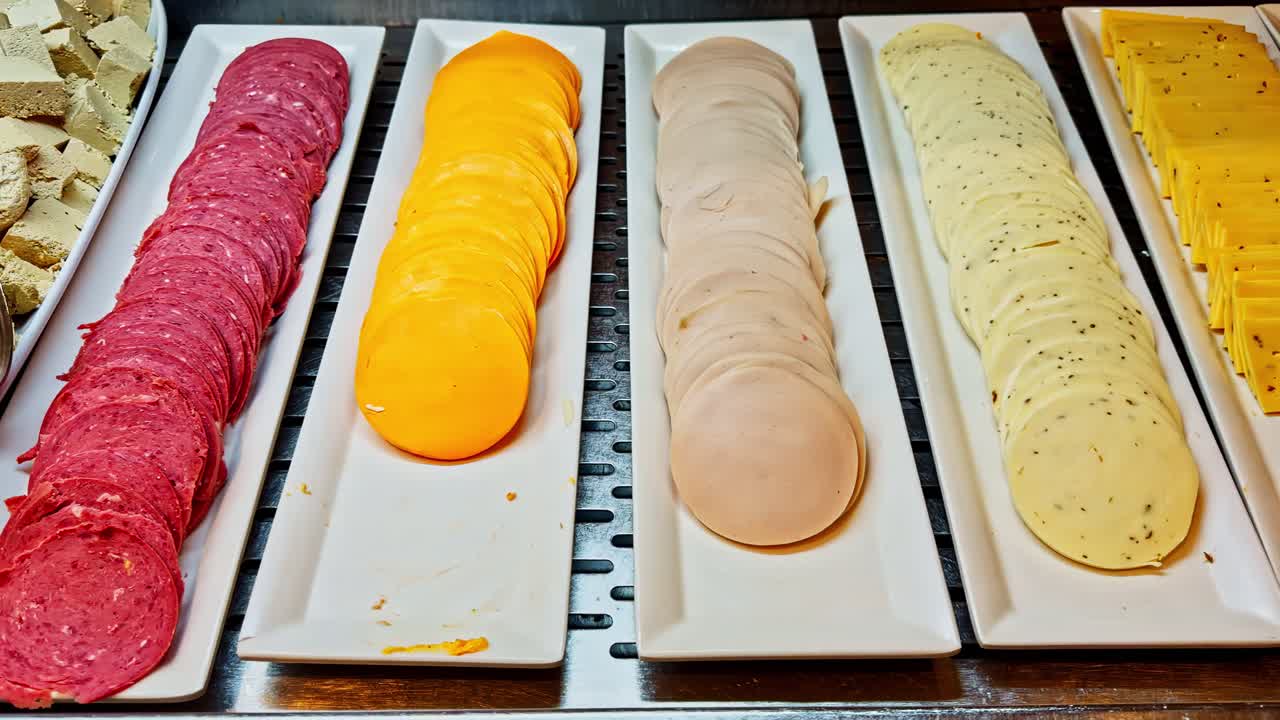 Colorful platters of neatly sliced meats and cheeses displayed buffet-style in Sharm El Sheikh