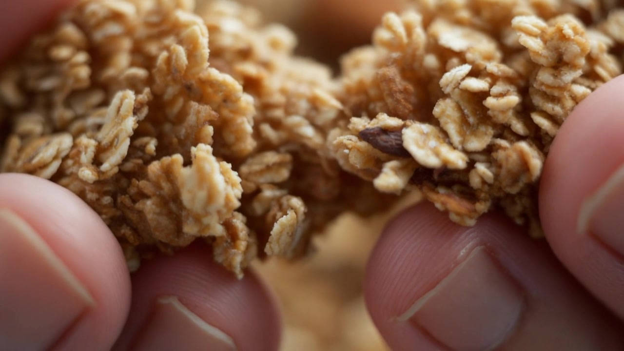 Primo piano di mani che spezzano una barretta di cereali croccante