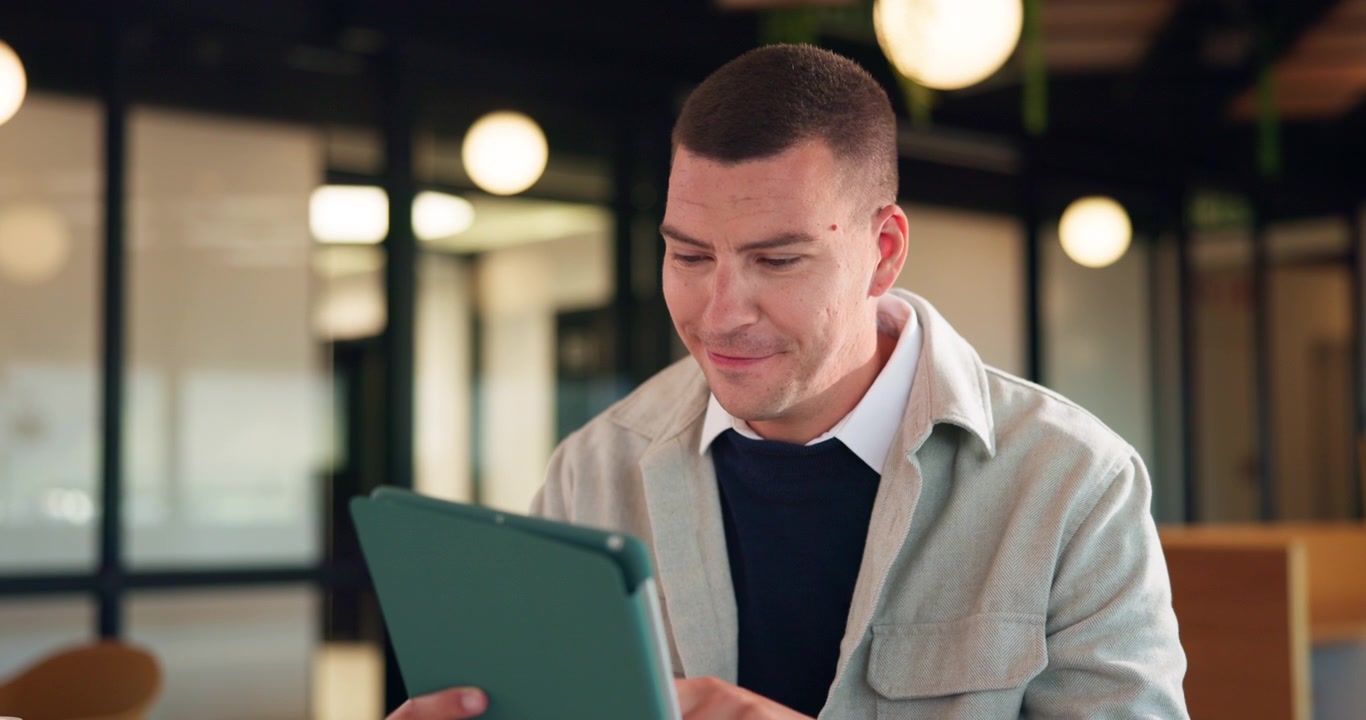 Man Using Tablet in Modern Office Workspace