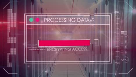 Animation-of-interface-with-data-processing-and-glowing-network-of-connections-against-server-room