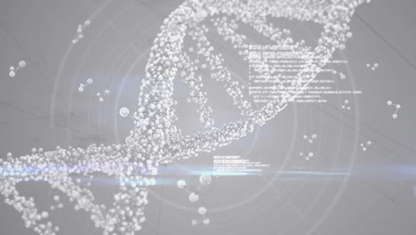 animación digital del adn y las estructuras moleculares en el procesamiento de datos contra un fondo gris