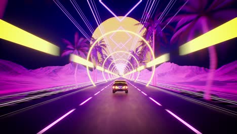 coche y ciudad en estilo neón. fondo de onda retro de los años 80 animación 3d. coche futurista retro conducir a través de la ciudad de neón