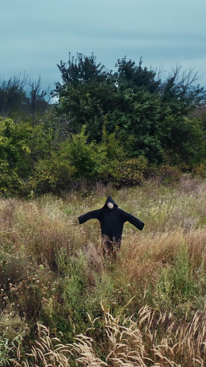 Scary figure of death in the field. Ghost in black cloak standing alone with outstretched arms by sides on nature background. Vertical video