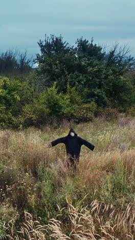 scary figure of death in the field. ghost in black cloak standing alone with outstretched arms by sides on nature background. vertical video