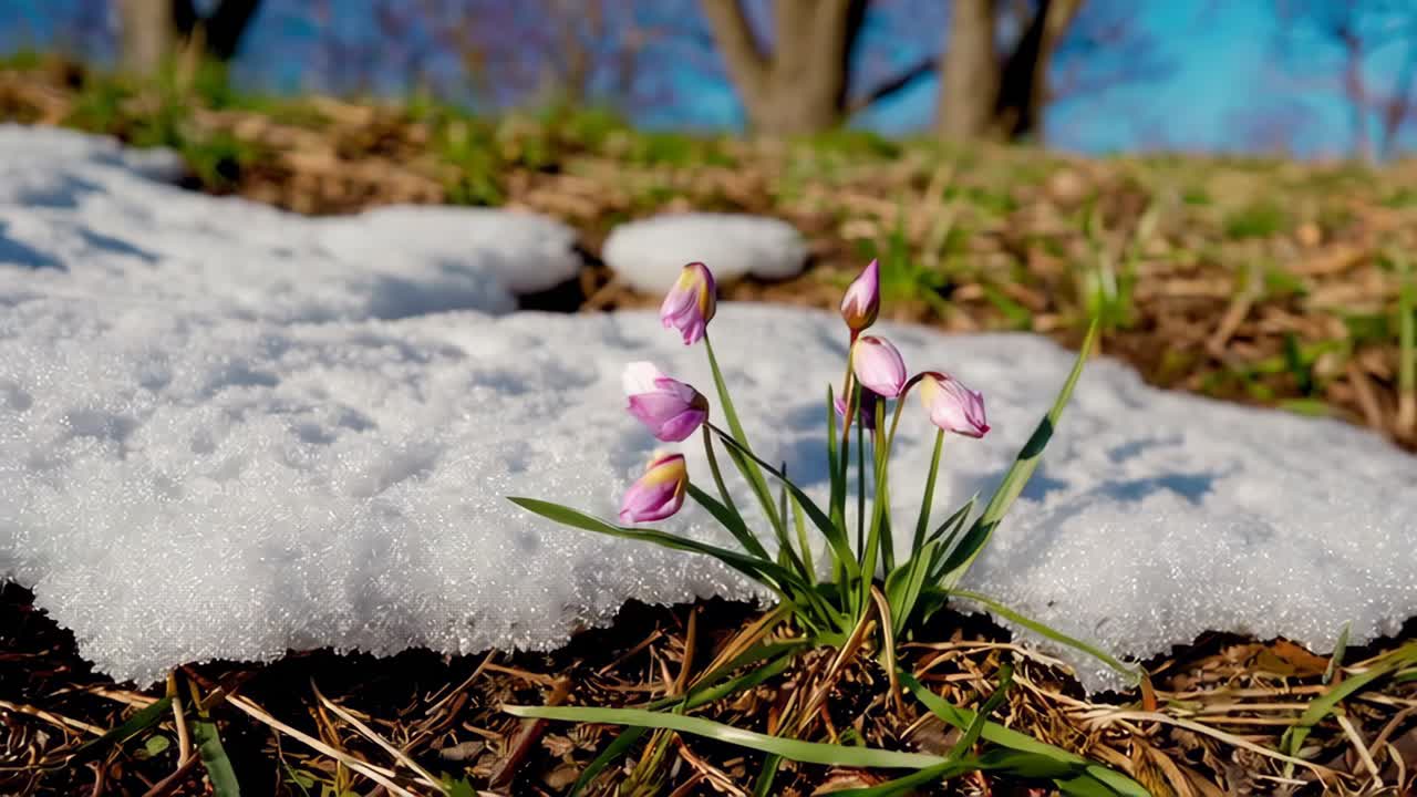 fiori primaverili che emergono dalla neve che si scioglie