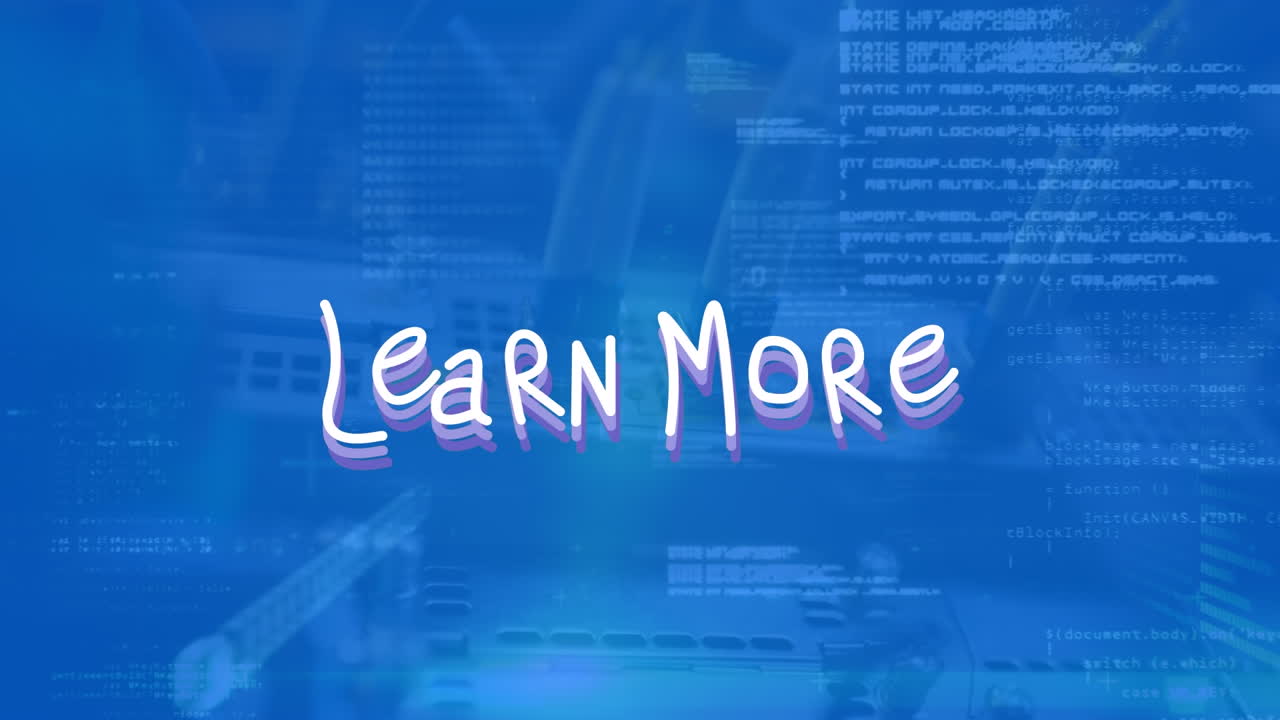 Animation of learn more text over data processing on blue background