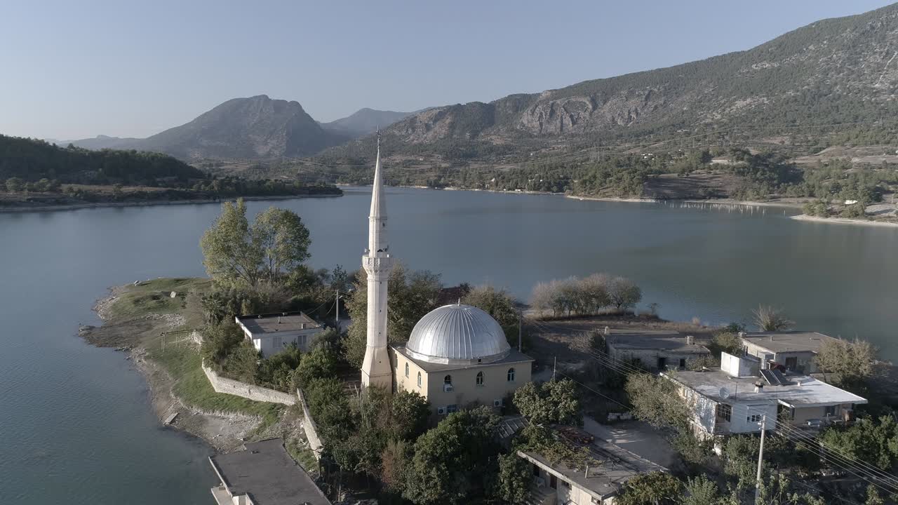 Beautiful Oymapınar Lake aerial mosque view