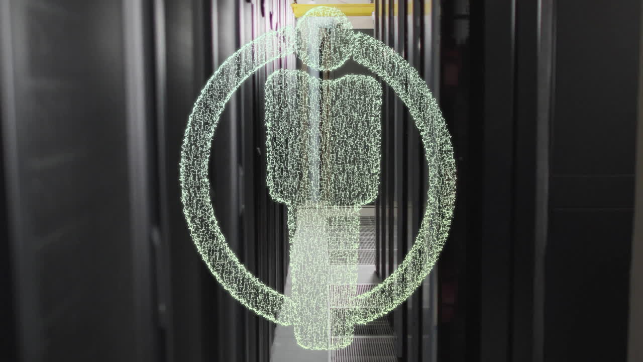Digital human figure and circular shape animation over data center servers