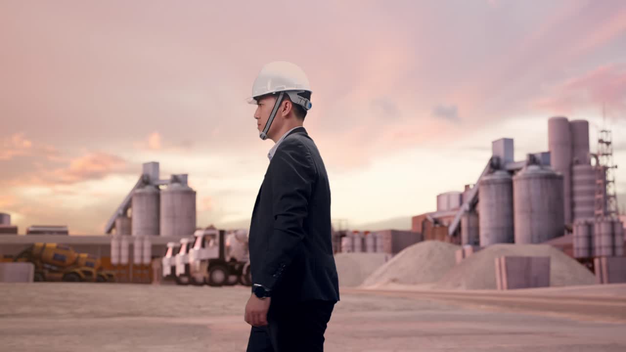 Vista lateral de un empresario asiático caminando en una planta de cemento industrial al atardecer.
