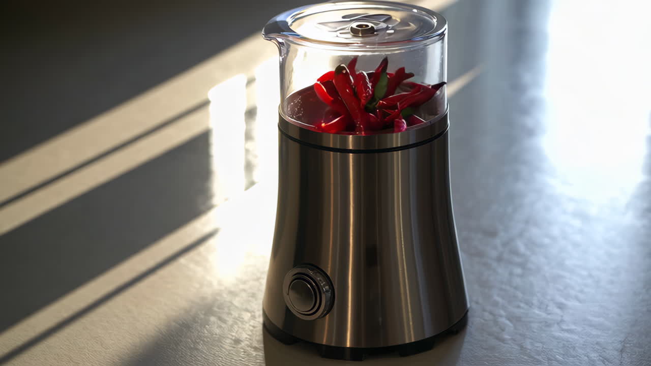Electric grinder filled with red chili peppers