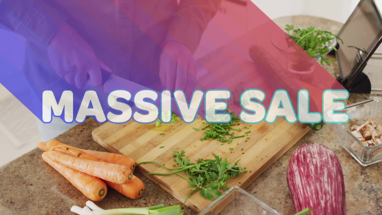 Massive sale text animation over person chopping vegetables in kitchen