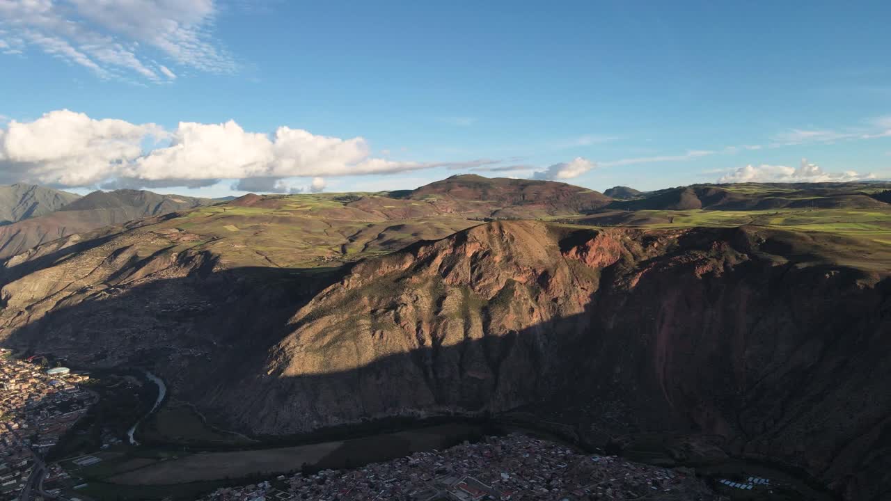 Aerial of the town and mountains of Urubamba, Sacred Valley, Cusco, Peru. Drone pan shot