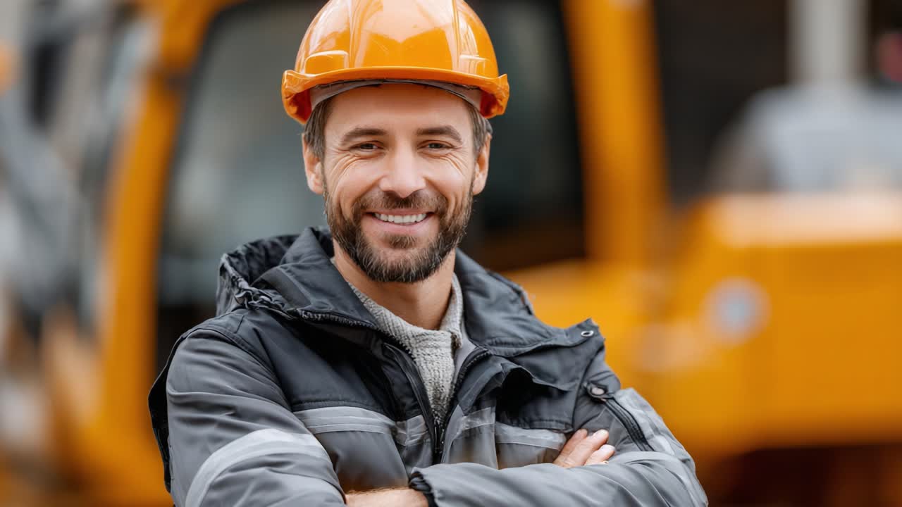 Smiling construction worker showcases confidence and professionalism, wearing an orange hard hat and a black jacket against a vibrant machinery background, embodying safety and teamwork