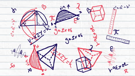 Animation-of-chemistry-icon-over-mathematical-symbols-on-ruled-paper