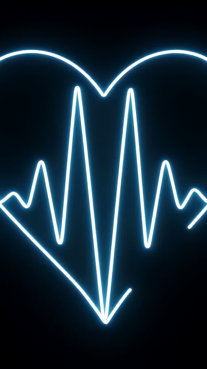 Video verticale: linea ECG a forma di cuore al neon pulsante che traccia uno studio buio, riproduzione in loop che imita il battito