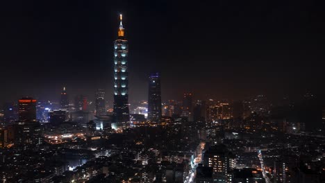 aerial hyperlapse shot of taipei cityscape with lighting tower 101 and traffic on the roads at night,taiwan.
