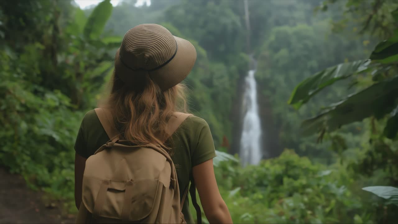 Woman with Backpack Looking at Waterfall in Jungle