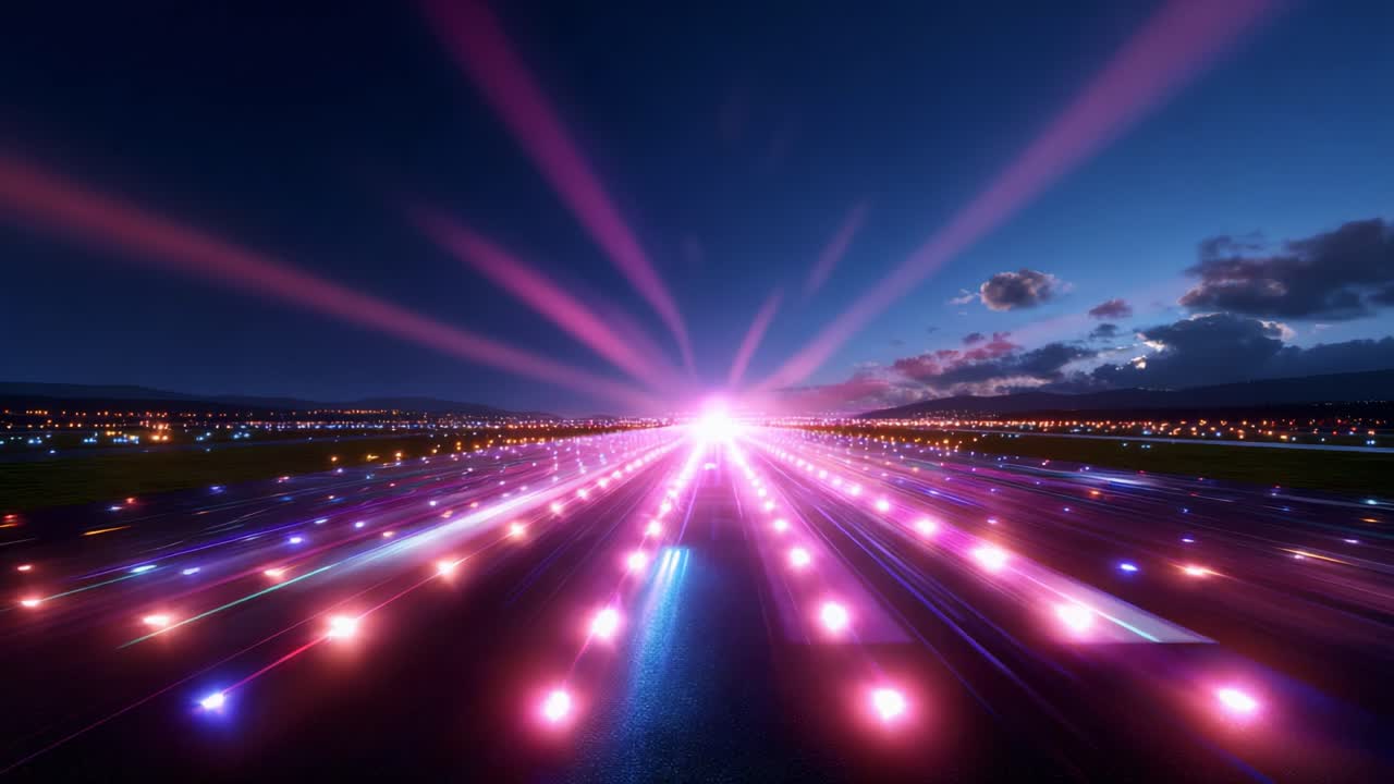 A breathtaking view of a vibrant runway illuminated by colorful lights at dusk, showcasing a stunning display of radiance, gradient colors, and beautiful scenic contrasts against the twilight sky