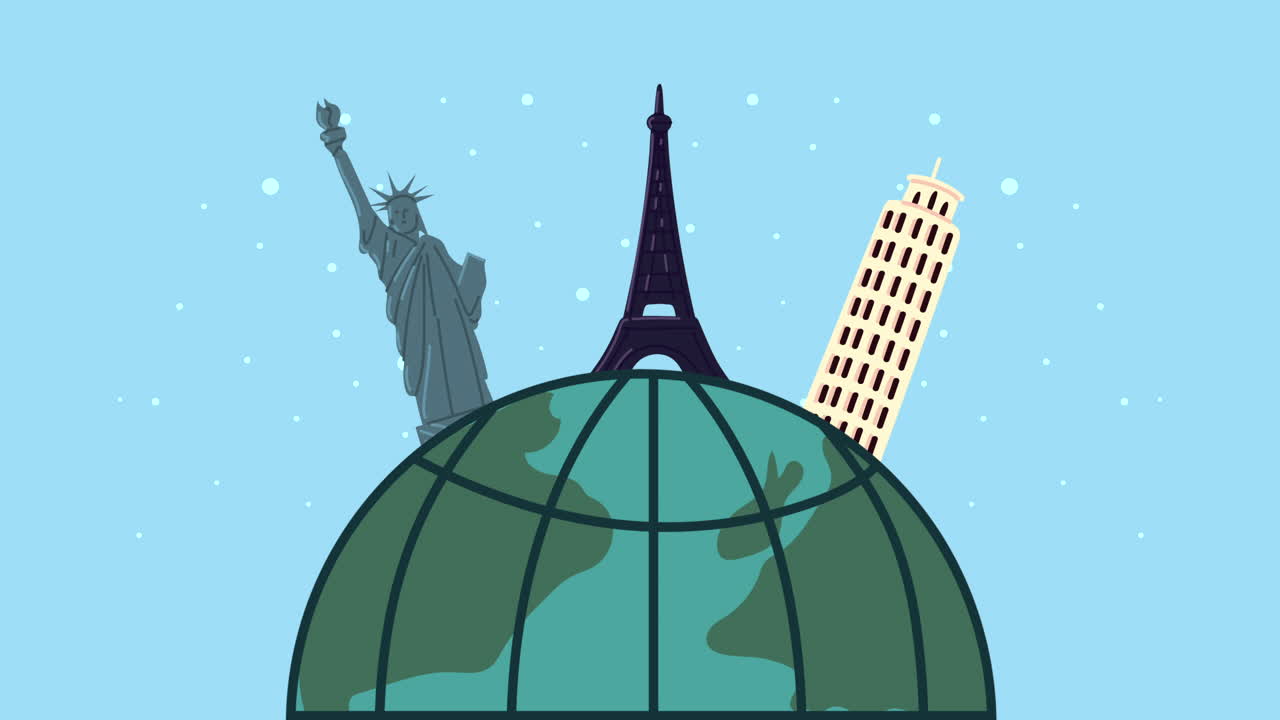 행성의 랜드마크와 함께 bon voyage 애니메이션