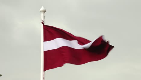 la bandera de letonia ondea con orgullo en el viento contra un cielo despejado.
