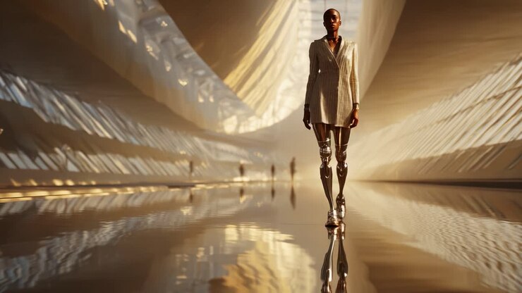 En futuristisk model går selvsikkert gennem en elegant, oplyst korridor og viser en unik blanding af mode og teknologi med metalliske proteser, der fremhæver robusthed og innovation.