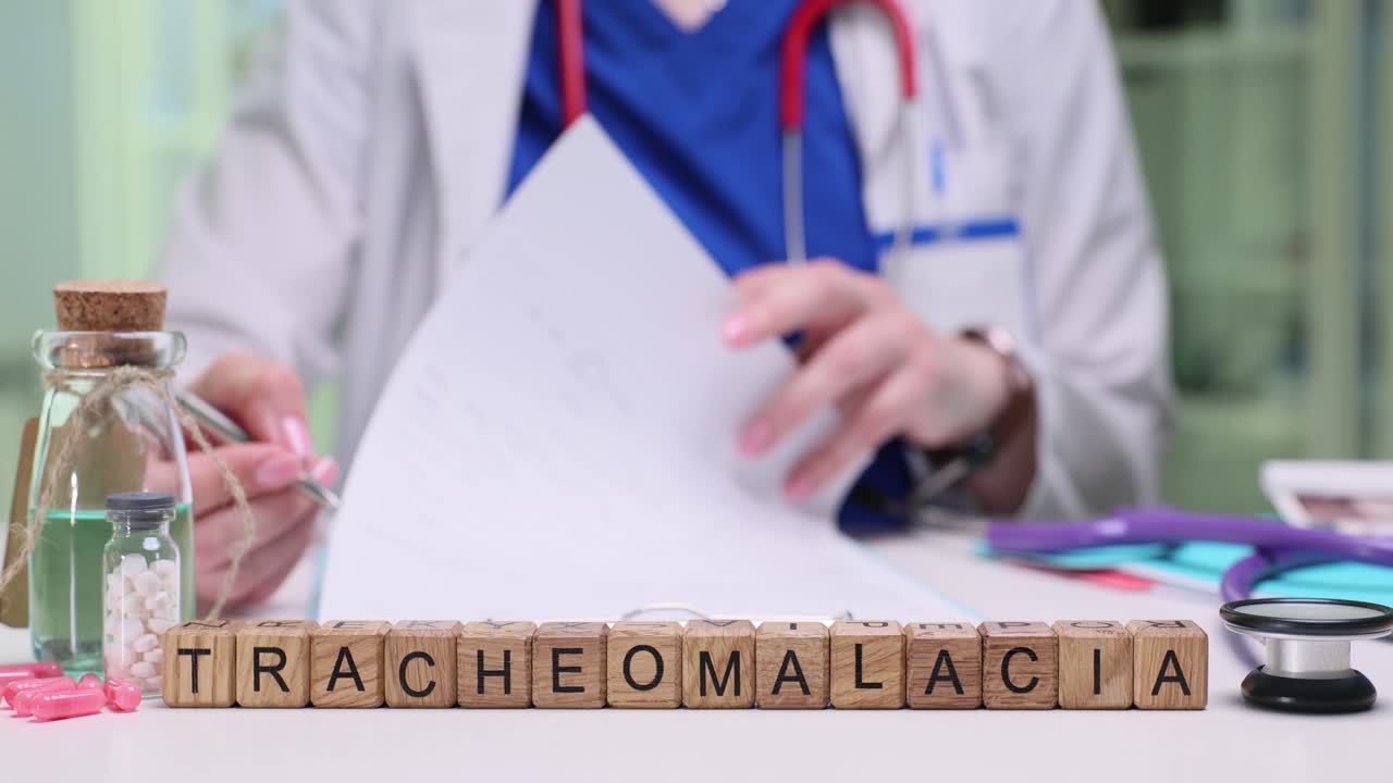 Cubetti di legno compongono la parola tracheomalacia su scrivania medica