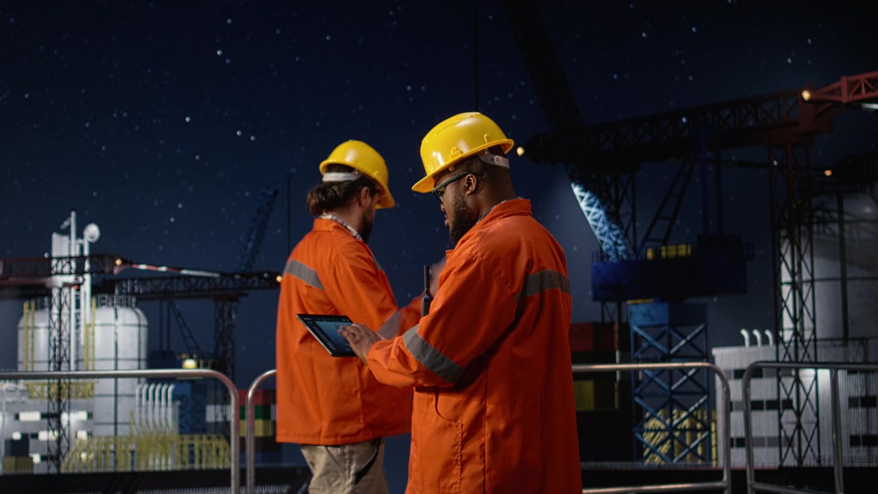 Drilling rig engineers using tablet for anomaly detection during oil crisis