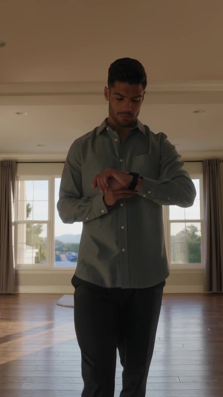Vertical video: Walking man checking smartwatch to adjust time at home, wearing button-up shirt
