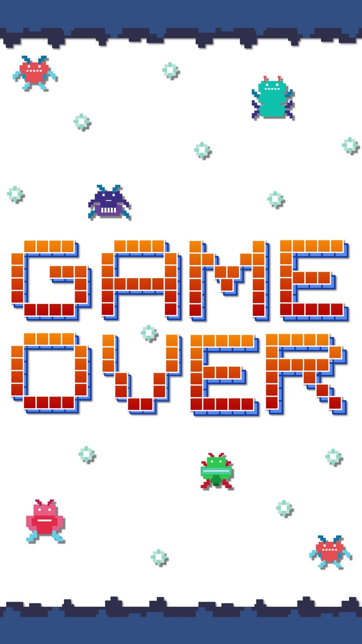 Testo pixelato 'Game Over' appare lettera per lettera tra invasori spaziali retrò fluttuanti e stelle.