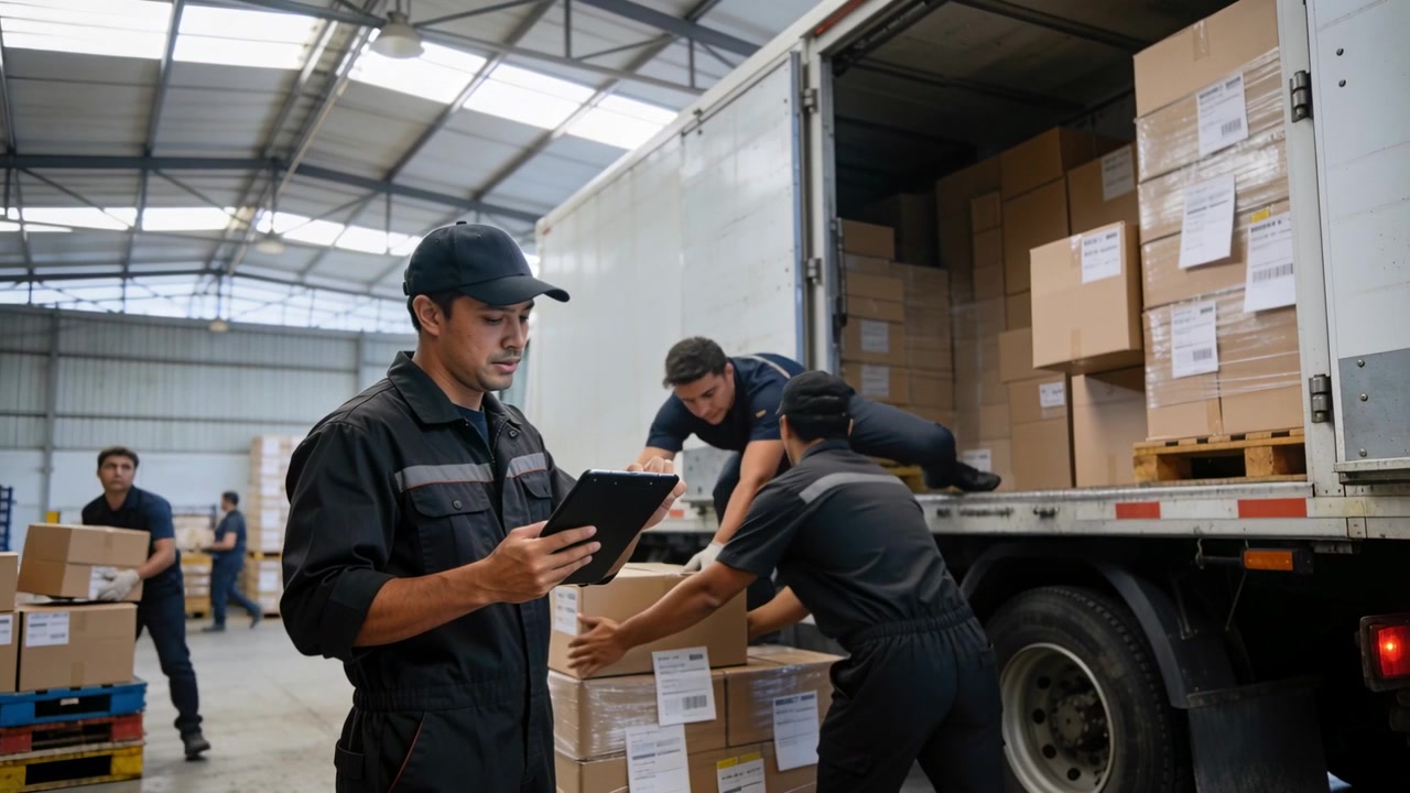 Directing lead uniformed tablet guiding unloading boxes on pallets truck parking at bay, copy space
