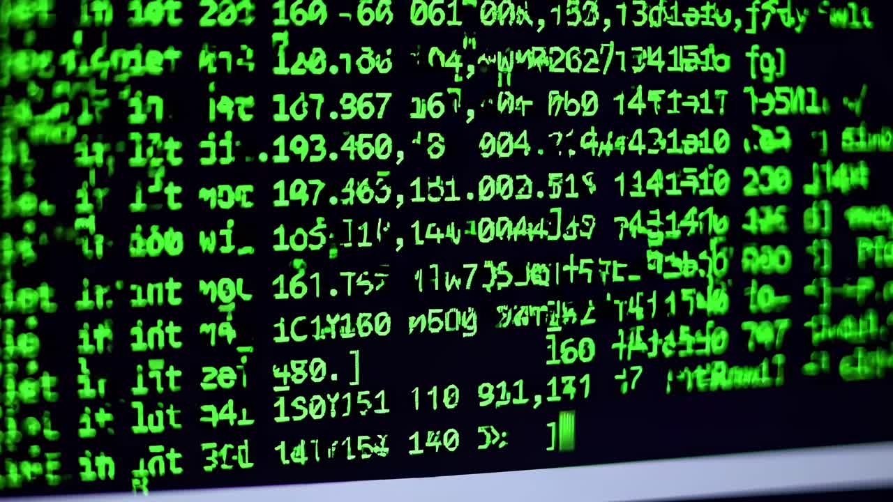 Close-up video of green code on a black screen, angled slightly from above, conveying a digital