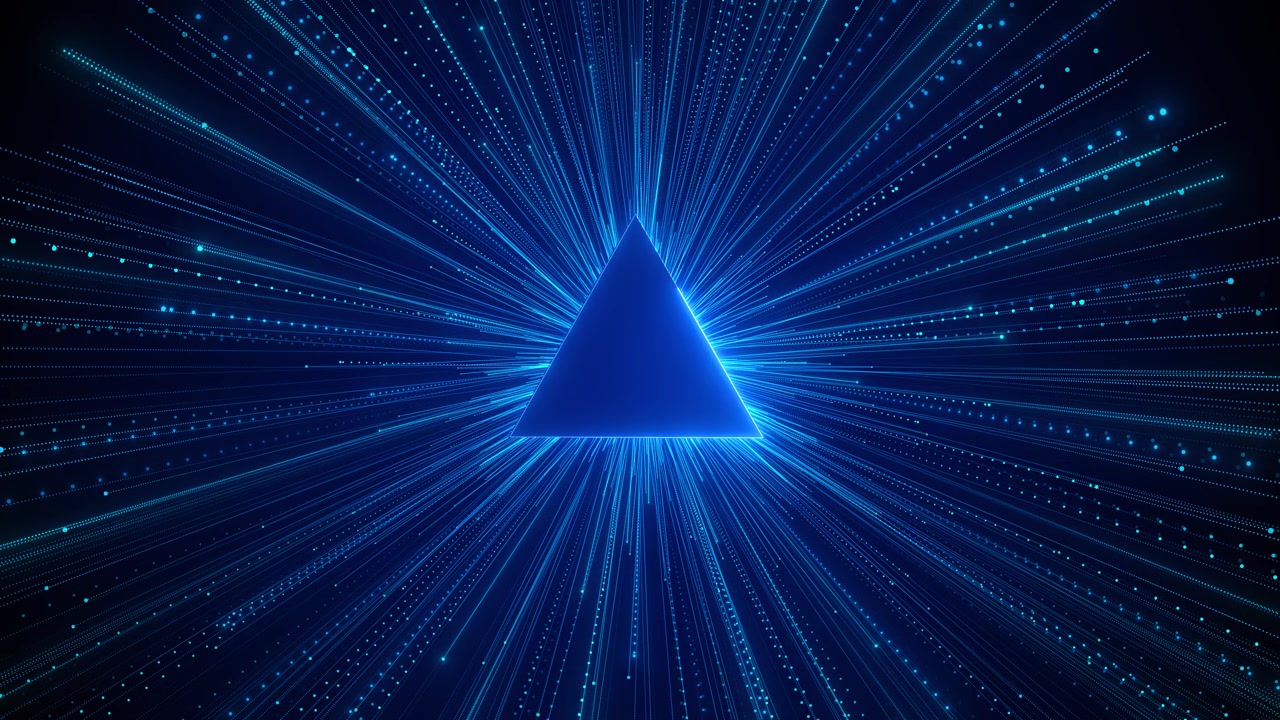 Blue triangle light burst background radiant dotted rays glowing geometric shape dark futuristic