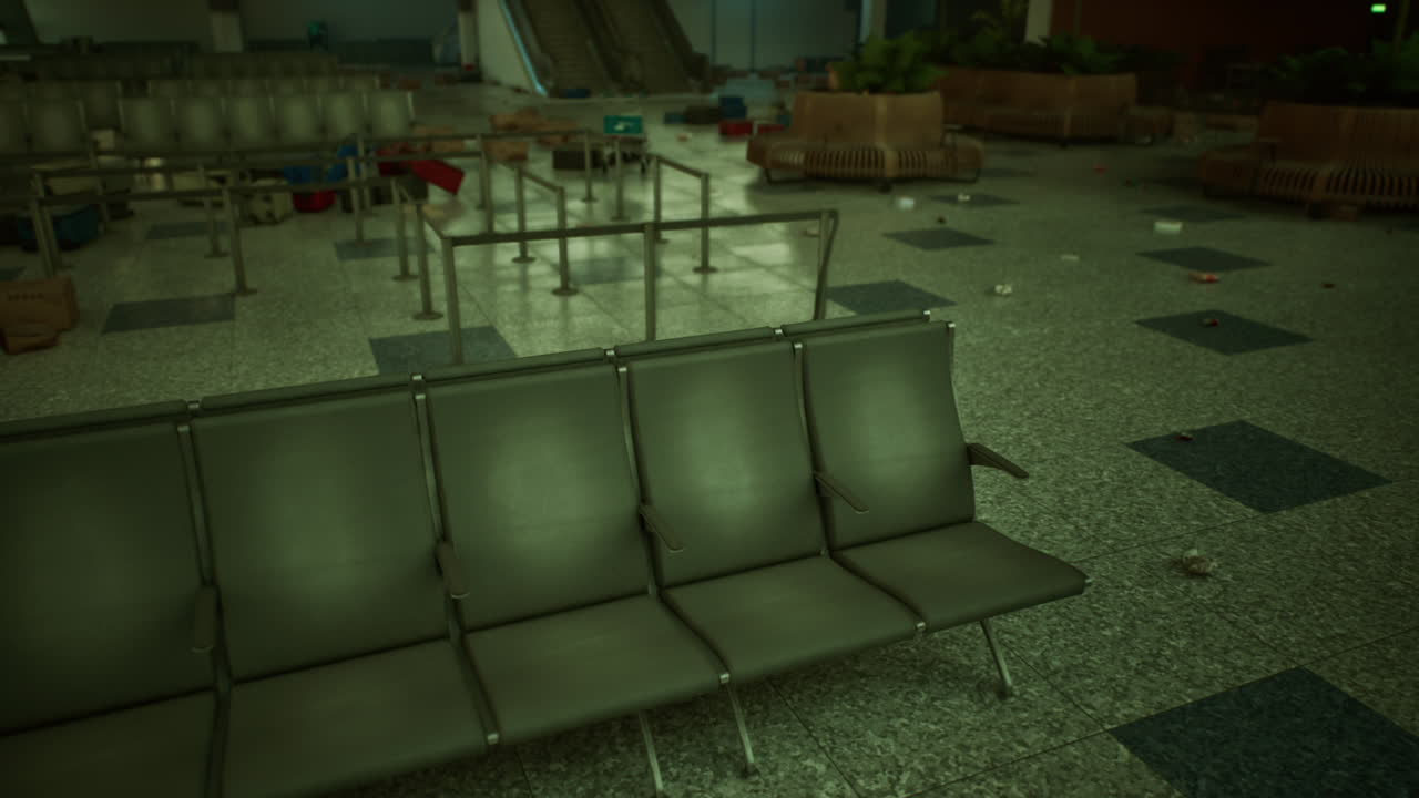 Abandoned airport terminal with empty seating and scattered debris in disrepair