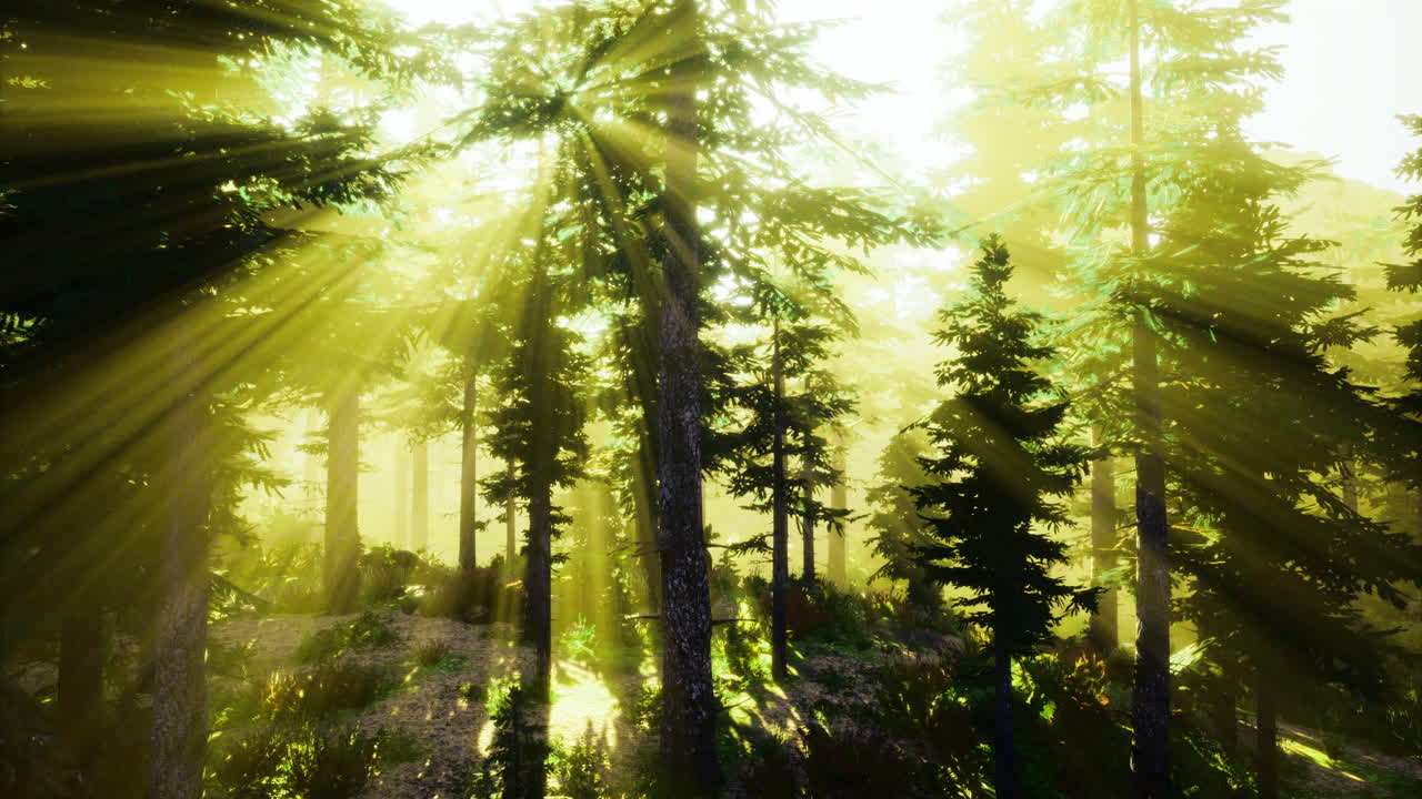 la luz del sol se filtra a través de los árboles en un bosque vibrante durante las horas de la mañana