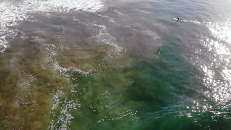 wide aerial 4k drone tilt - boom up from surf of pacific ocean at sunrise to reveal surfers in distance catching waves at huntington beach, surf city, california