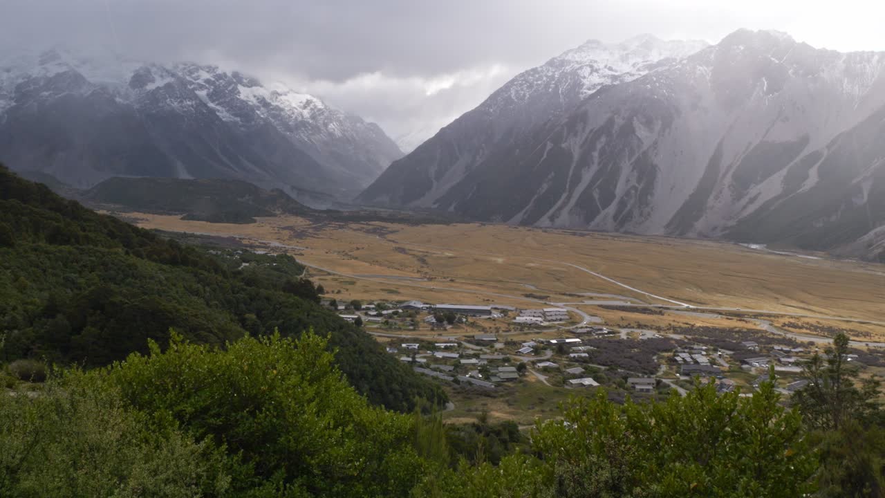 Mt Cook Village And Mount Aoraki From Red Tarns Track In New Zealand - Wide Shot