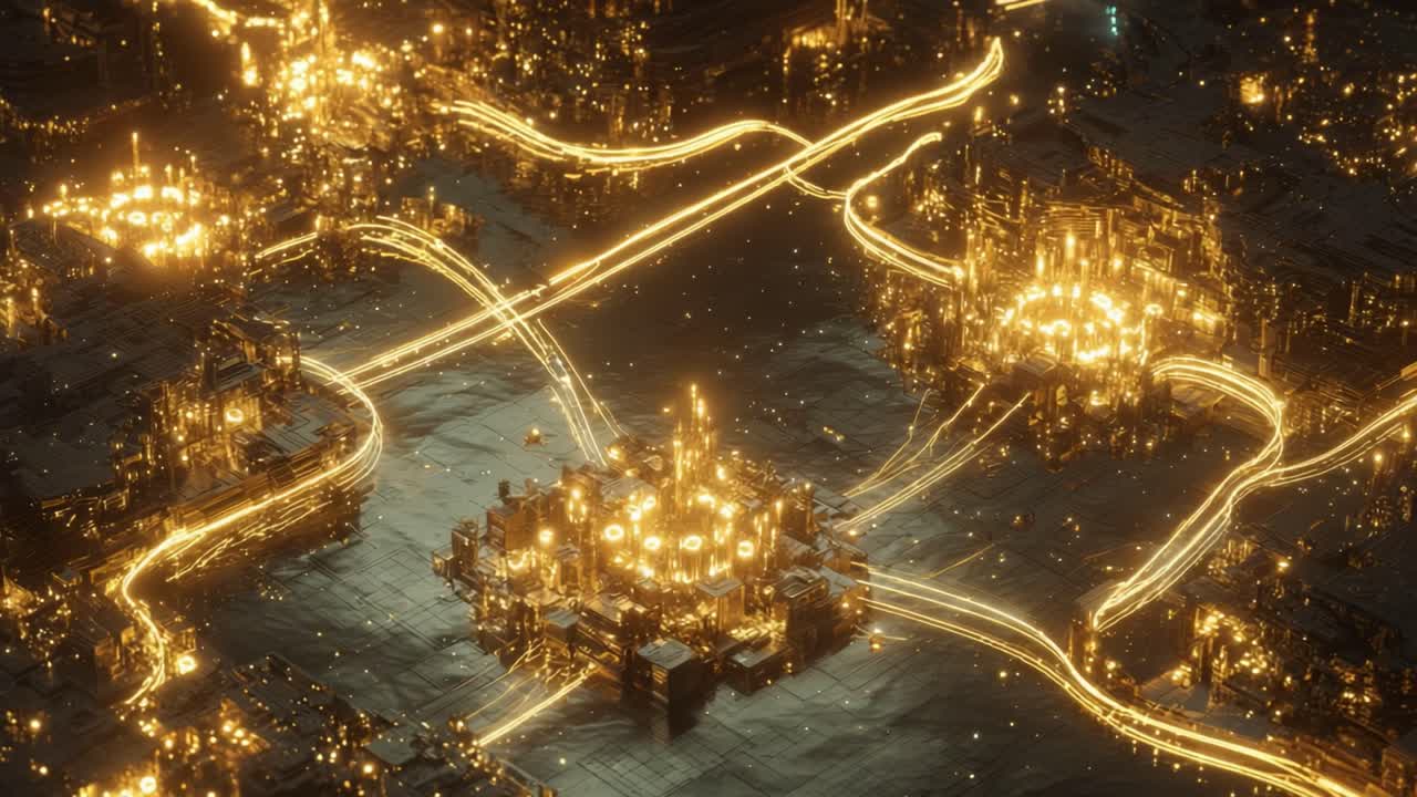 Futuristic urban landscape with glowing golden light streams representing data and information flow between interconnected nodes, visualizing global communication, technology, and big data transfer